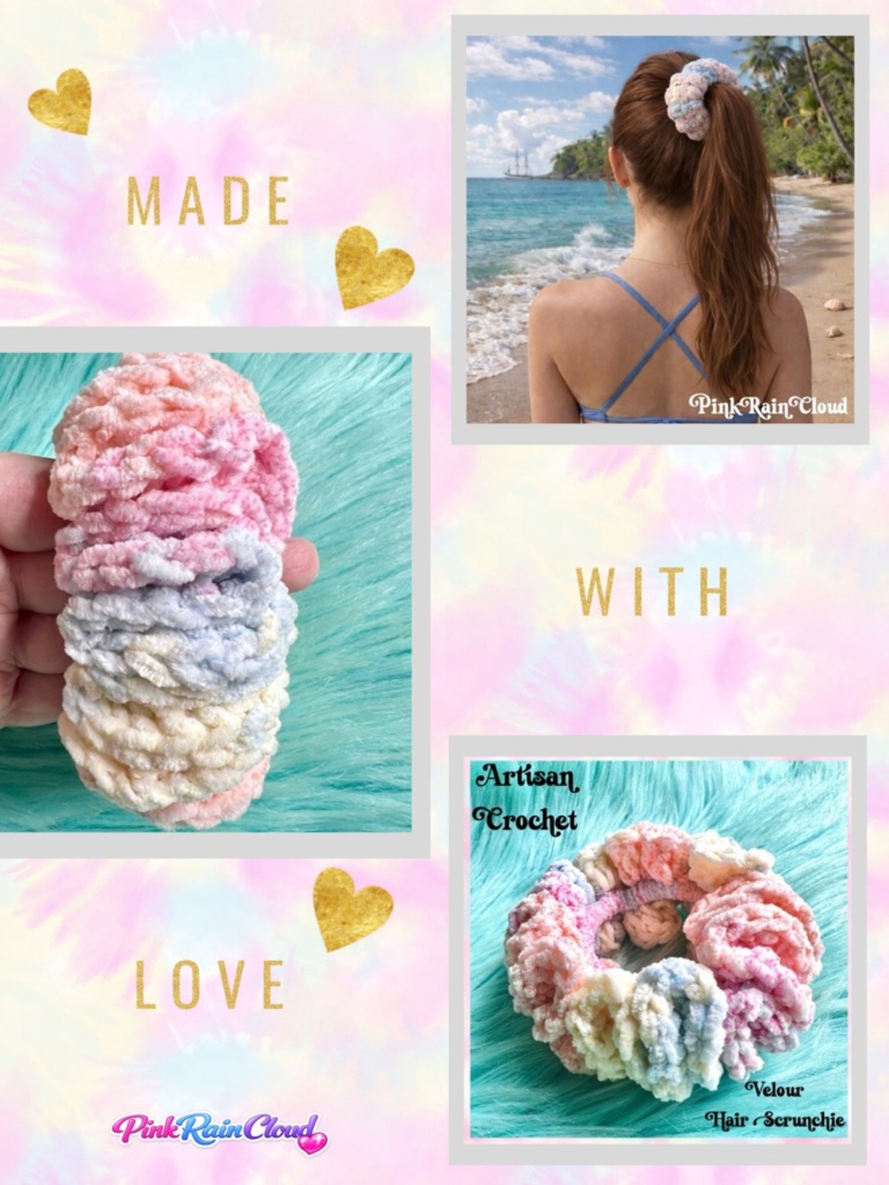 Handmade Velvet Pastel Beach Sunset Crochet Scrunchie Hair Tie PinkRainCloud